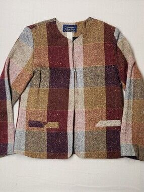 Vintage Willow Ridge Plaid Tweed Blazer Jacket Burgundy Gold Dark Academia Sz 6